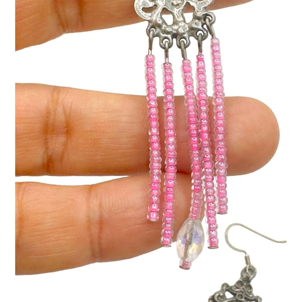 Vintage 1960s Pink Chandelier Earrings Artisan Crafted With Szezh Glass Beading - Picture 8 of 8